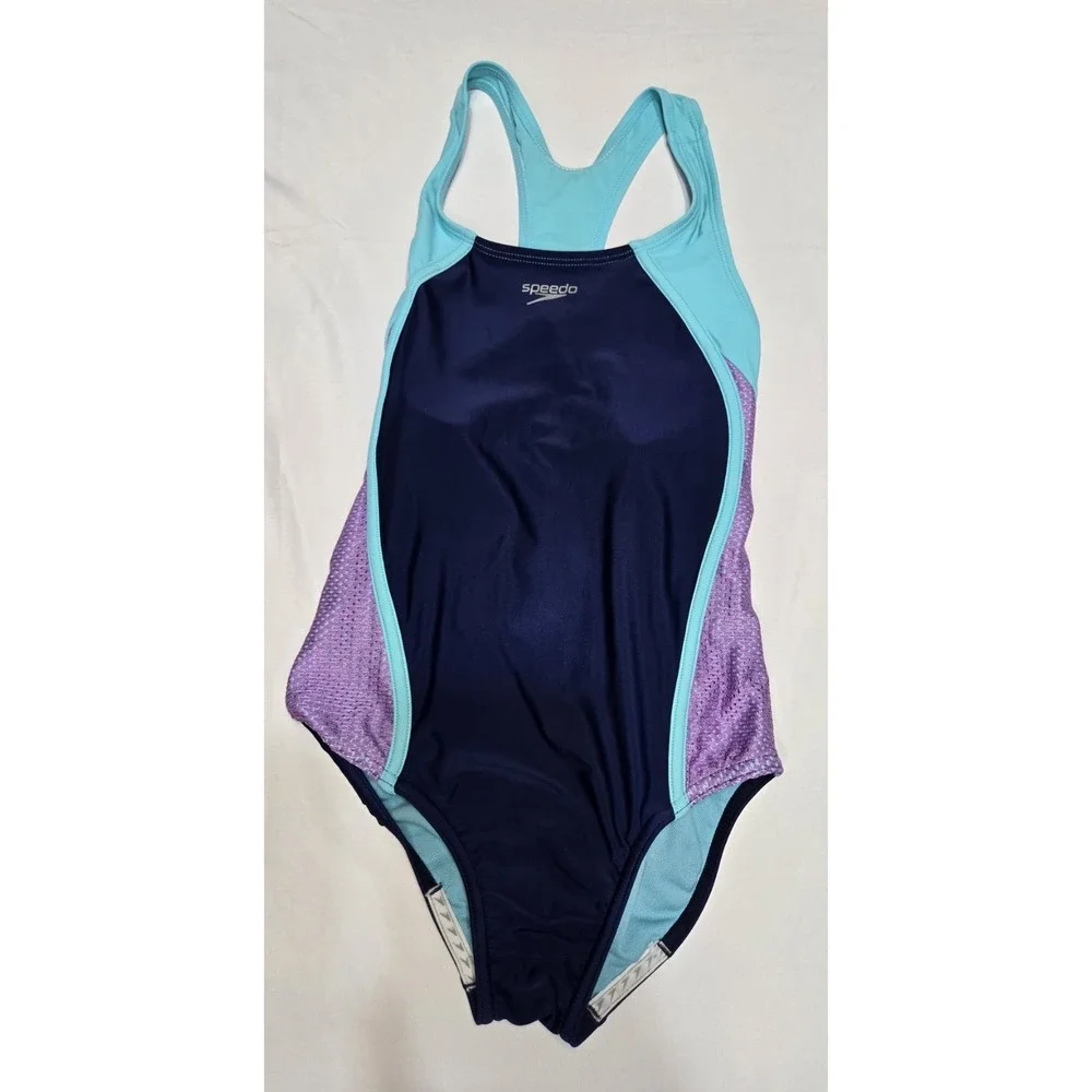 Speedo Girls Size 12 Racerback Sport One Piece Swimsuit Purple/Navy/Blue Stretch